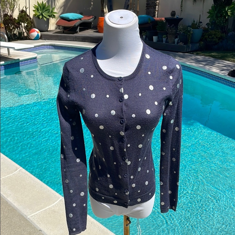 Polka Dot Cardigan Sweater - Navy and White | S